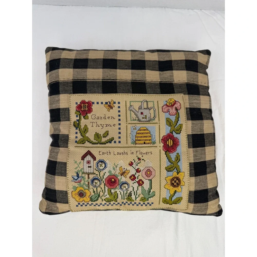 Vintage Cross‎ Stitch Garden Thyme Throw Pillow Buffalo Check Farmhouse Decor